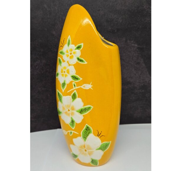 Yellow Ceramic Vase with Hand Painted Dogwood Flowers, 1973, Modern, 7.5" Tall - Picture 1 of 8